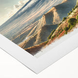 Art deco poster of Mount Etna in muted earth tones on rolled canvas, suitable for dining room wall art.