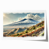 Rolled print of Mount Etna with vibrant green and floral foreground, ideal for art wall dining room.