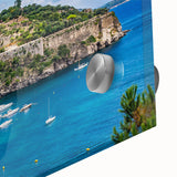 Large abstract wall art of Naples with vibrant blue and orange hues, acrylic glass, ideal for dining room ambiance.