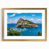 Abstract art print of Naples with muted earth tones in a gold frame, ideal for dining room decor.