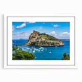 Textured abstract art print of Naples scene in muted earth tones on a white framed mat, ideal for bedroom art.