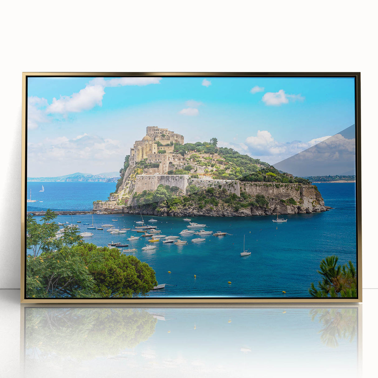 Art deco poster of Naples, Italy, in muted gold tones on framed acrylic, suitable for modern art wall decor or nursery.