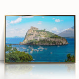 Art deco poster of Naples, Italy, in muted gold tones on framed acrylic, suitable for modern art wall decor or nursery.