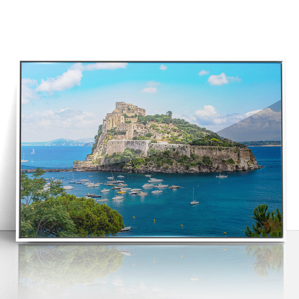 Mid-century modernist art depicting Naples, Italy, in muted blue and white tones on a framed acrylic print.
