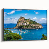 Black and white framed canvas of Naples landscape, vintage poster style, ideal for bedroom wall art.