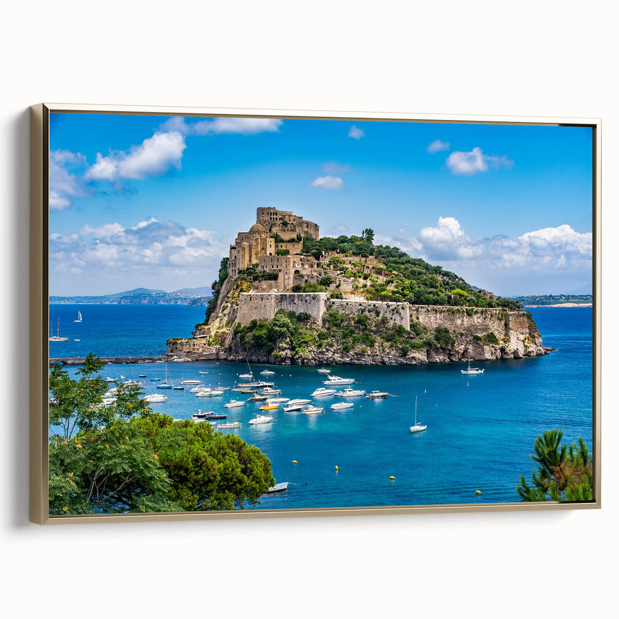 Framed canvas wall art depicting a vintage-style Naples landscape in black and gold tones, ideal for bedroom decor.