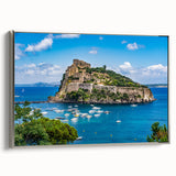 Framed canvas of a vintage-style Naples landscape painting in vibrant, colorful hues, ideal for living room decor.