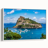 Framed canvas of vintage poster art featuring a colorful Naples, Italy scenery, ideal for living room decor.