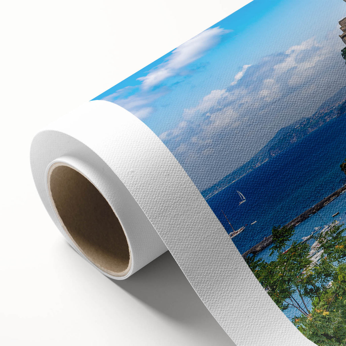 Art Deco poster of Naples, Italy skyline in muted shades on rolled canvas.