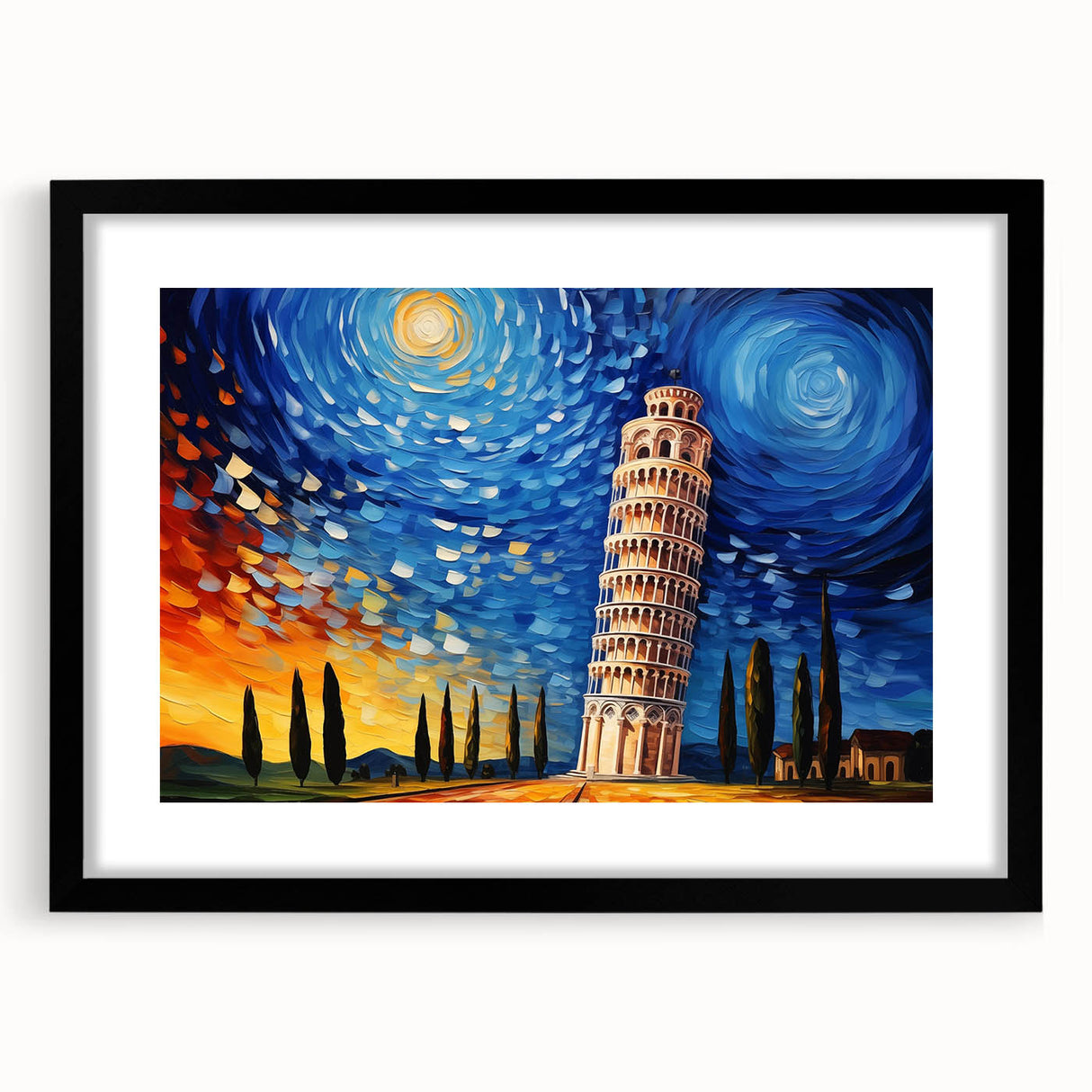 Extra large abstract art print of colorful, textured scenery of Pisa, Italy on a framed black mat.