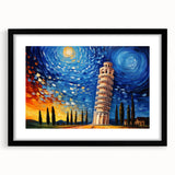 Extra large abstract art print of colorful, textured scenery of Pisa, Italy on a framed black mat.