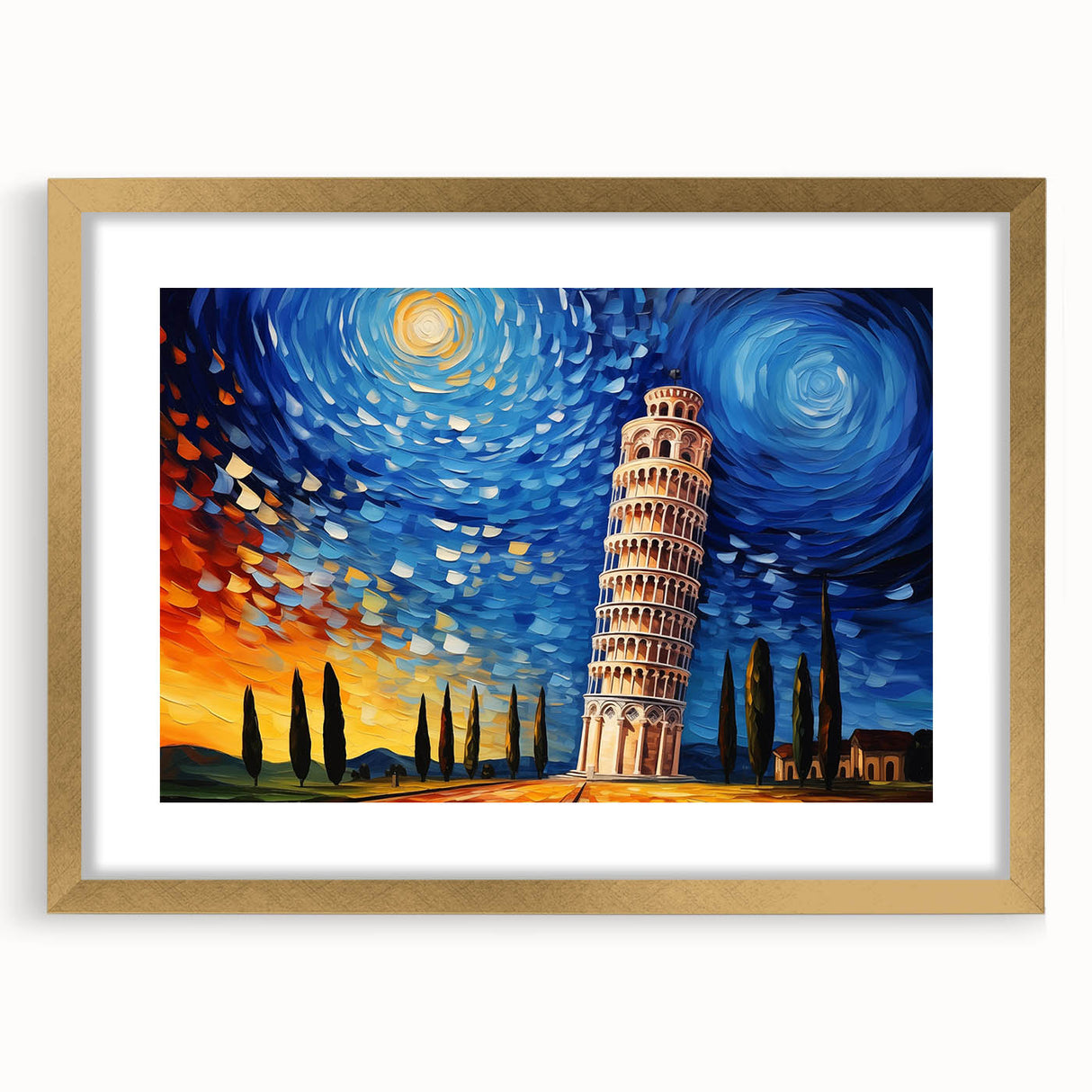Abstract art print of the Pisa landscape in muted earth tones, framed in gold with mat, suitable for dining room decor.