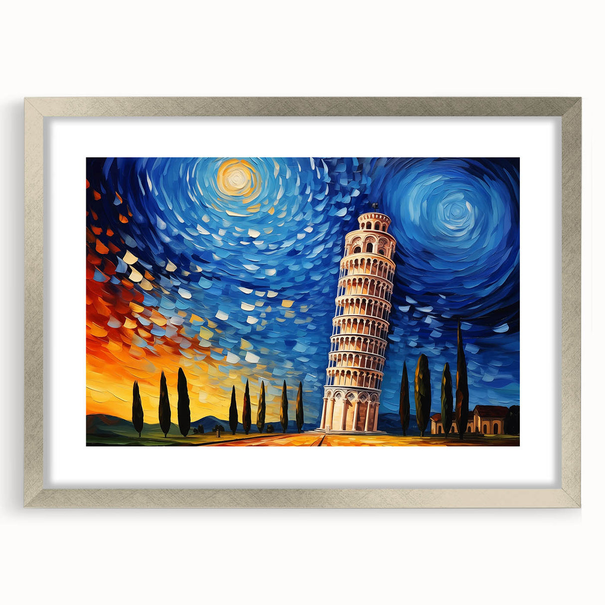 Extra large textured abstract art print of Pisa scenery in muted earth tones, framed in silver, ideal for living room decor.