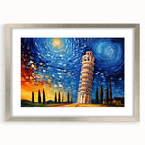 Extra large textured abstract art print of Pisa scenery in muted earth tones, framed in silver, ideal for living room decor.
