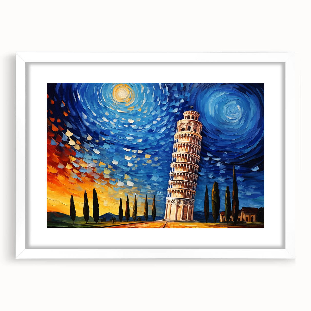 Textured art print of the Leaning Tower of Pisa in muted earth tones, framed with a white mat, suitable for bedroom decor.