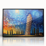 Large abstract wall art depicting the Leaning Tower of Pisa in muted tones on a black framed acrylic.