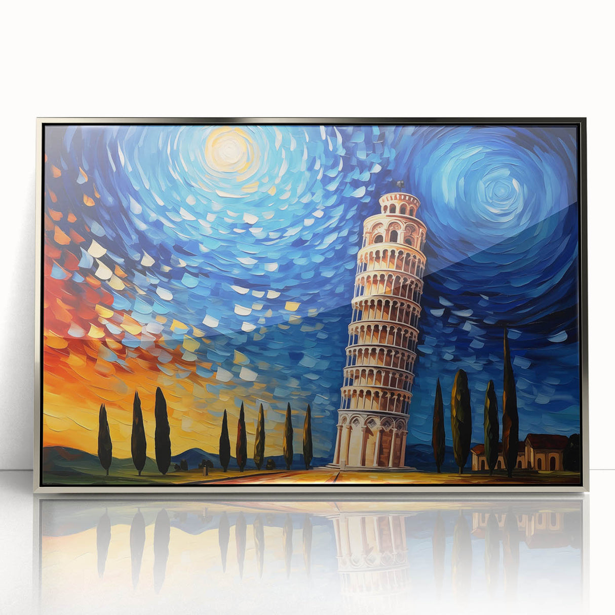 Large art print of the Leaning Tower of Pisa in muted earth tones, silver-framed acrylic, ideal for modern art wall decor.