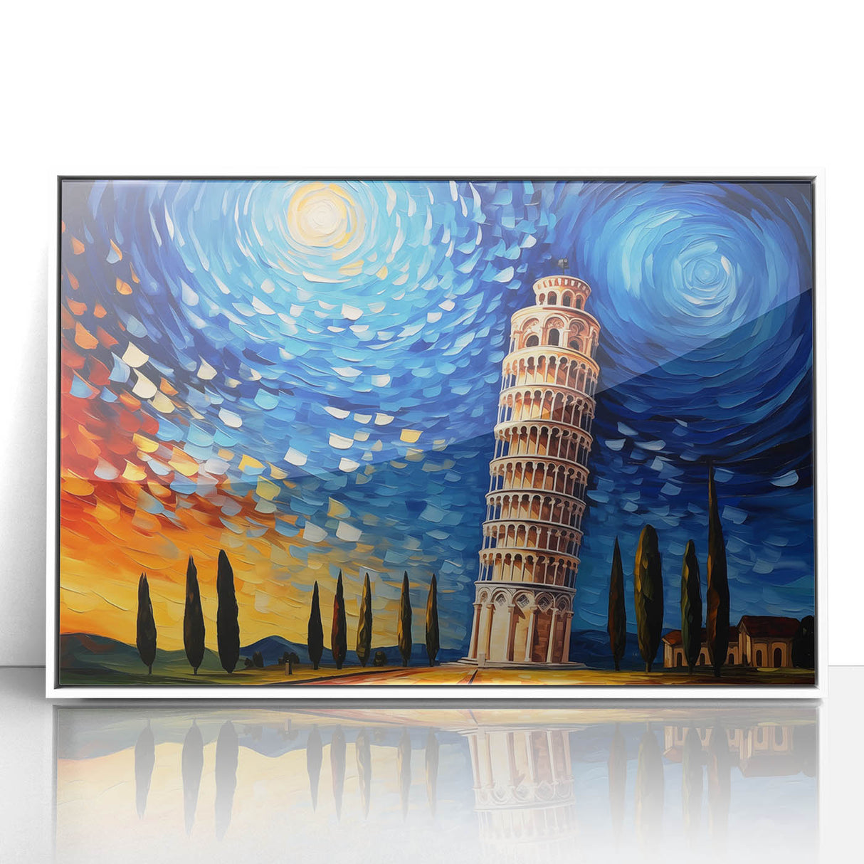 Mid-century modernist art of the Leaning Tower of Pisa in muted colors, framed acrylic, ideal for nursery wall art.