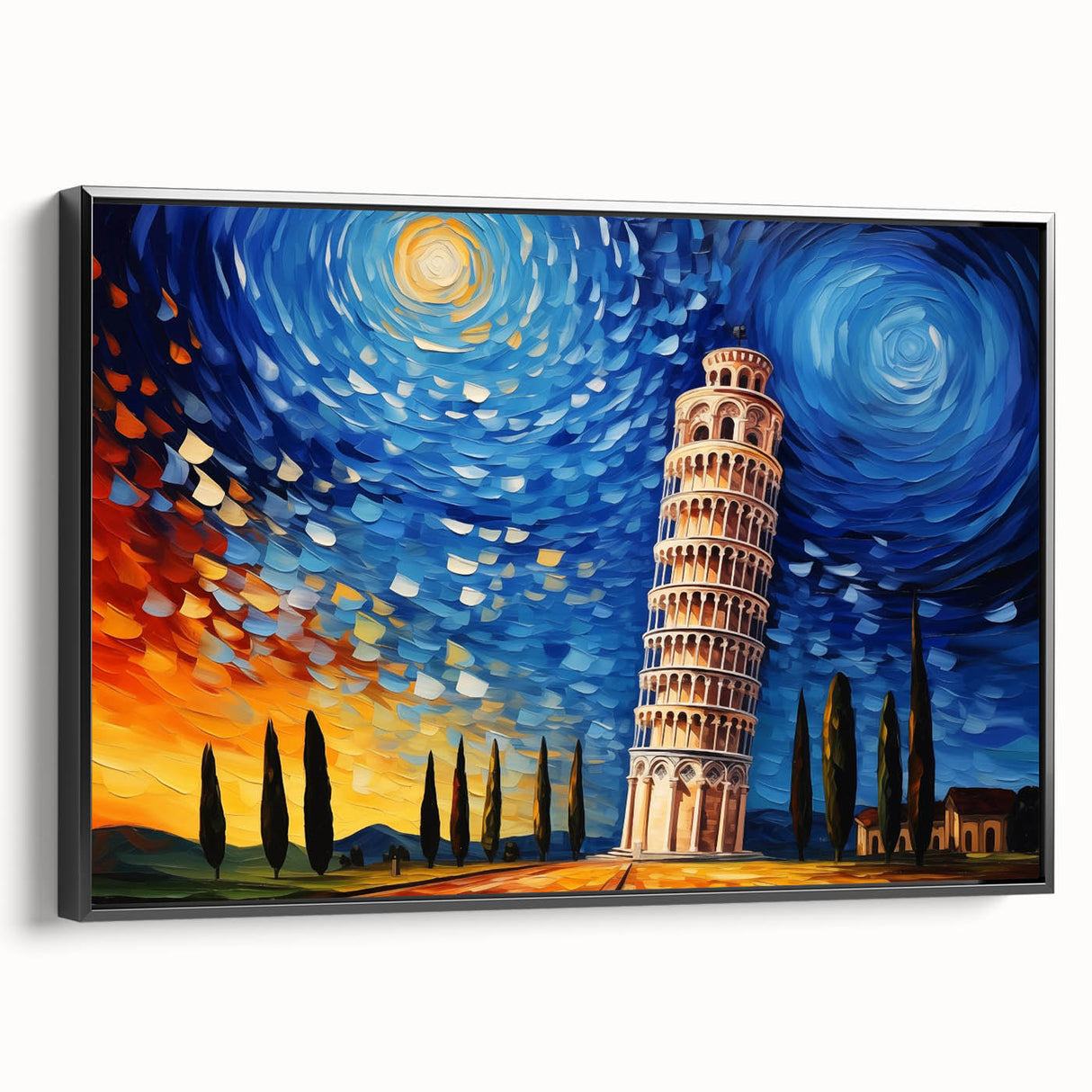 Black and white framed canvas of the Leaning Tower of Pisa in a vintage poster style, ideal for bedroom wall decor.