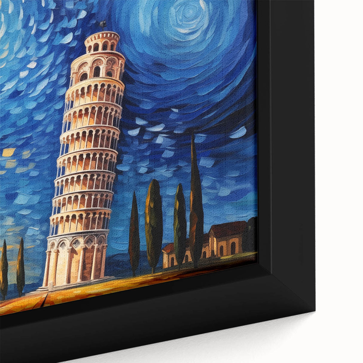 Extra large framed canvas featuring a black and colorful textured depiction of the Leaning Tower of Pisa.