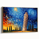 Framed canvas wall art featuring a vintage poster art style landscape of Pisa, Italy, with muted gold and black tones.