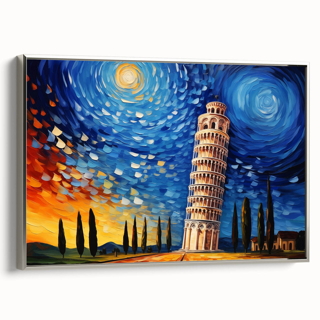 Landscape art painting of Pisa, Italy, in muted gray and silver tones on a framed canvas, suitable for office decor.