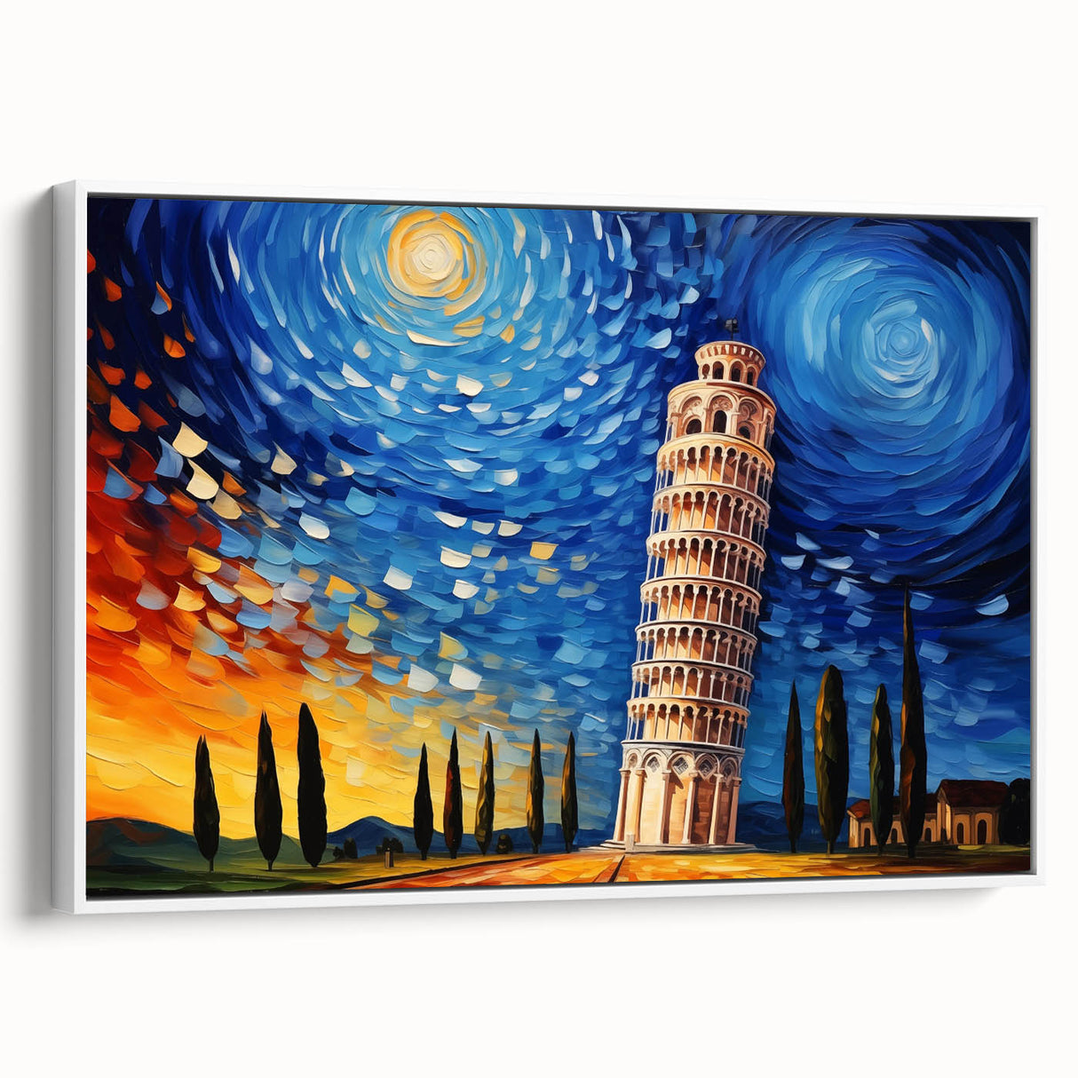 Vintage poster art of the Leaning Tower of Pisa in colorful hues on a white framed canvas, ideal for living room decor.