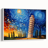 Vintage poster art of the Leaning Tower of Pisa in colorful hues on a white framed canvas, ideal for living room decor.