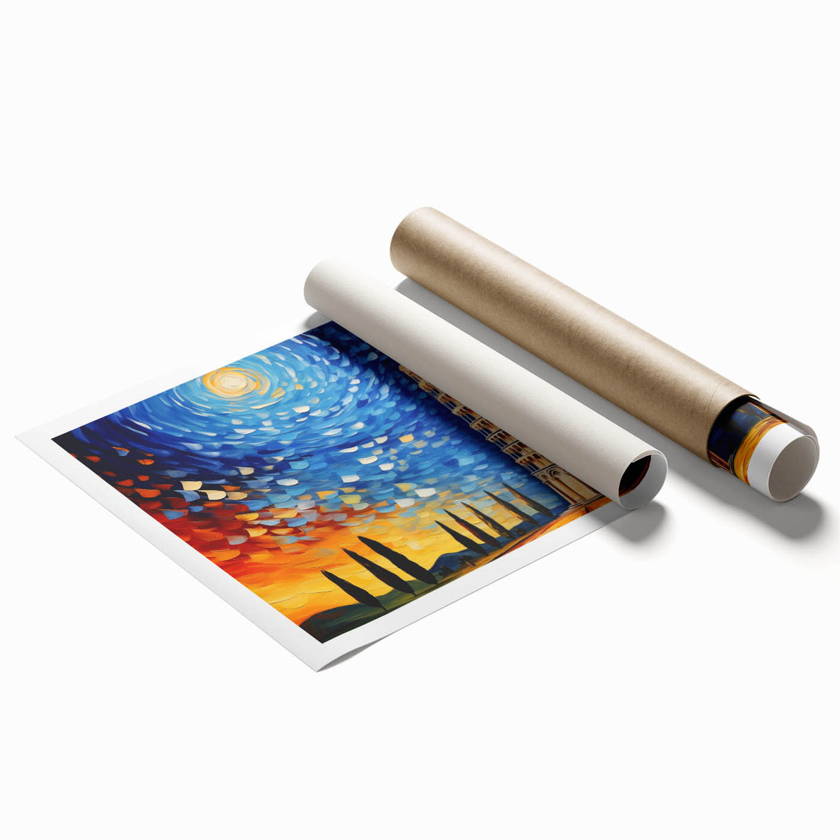 Rolled print of Pisa, Italy, featuring soft pastel shades on canvas, suitable for large living room or bathroom decor.