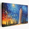 Side view of a stretched canvas depicting the Leaning Tower of Pisa in muted earth tones, suitable for kitchen wall art.