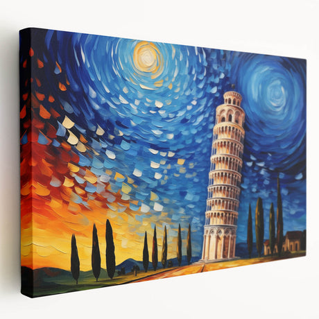 Side view of a stretched canvas depicting the Leaning Tower of Pisa in muted earth tones, suitable for kitchen wall art.