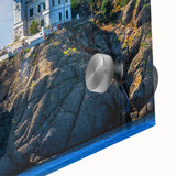 Mid-century modernist style acrylic print of Portofino, Italy in vibrant blue and green hues, ideal for dining room art.