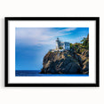 Extra large abstract art print of a colorful Portofino scenery on textured canvas, framed in black.
