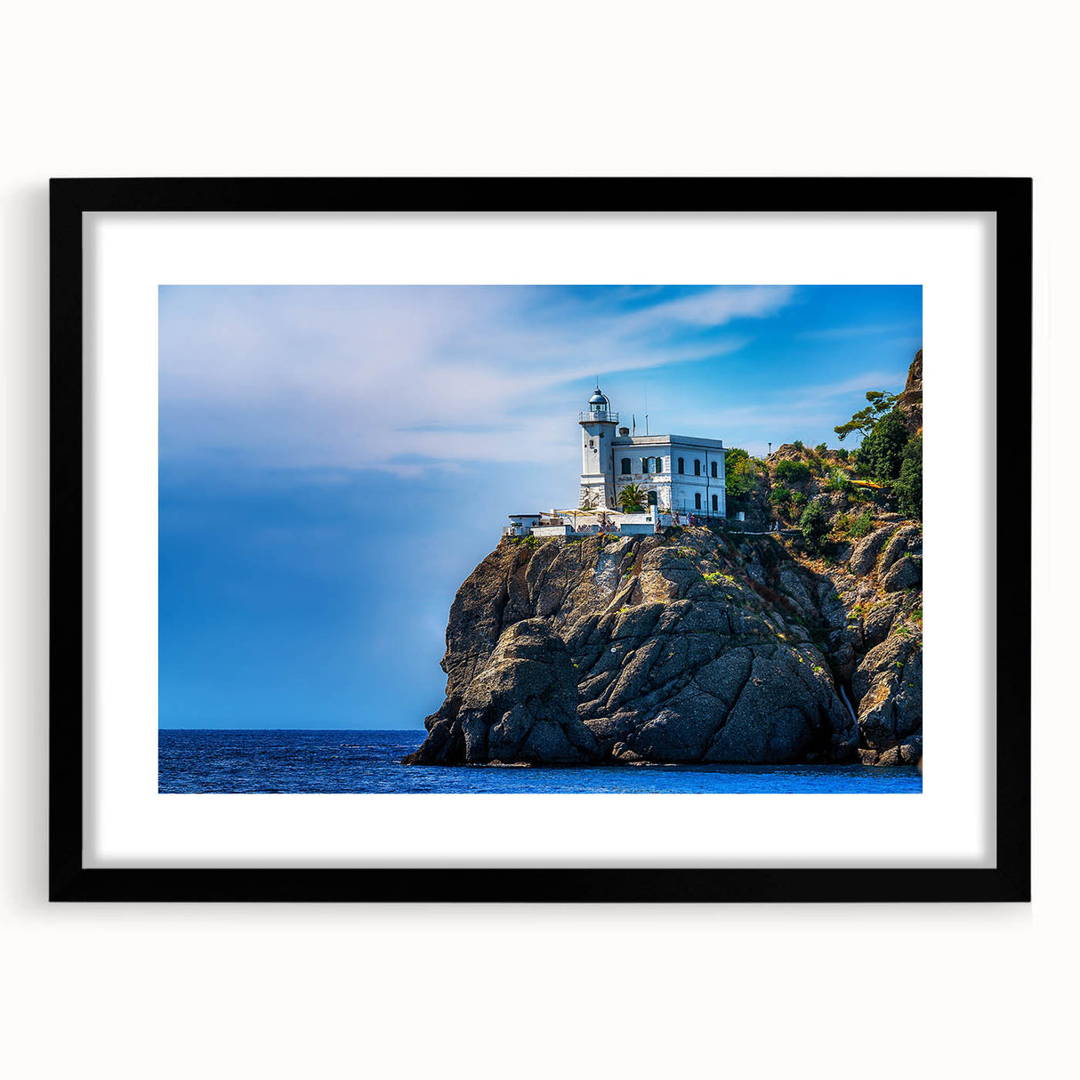 Extra large abstract art print of a colorful Portofino scenery on textured canvas, framed in black.