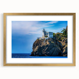 Abstract art print of Portofino, Italy scene in muted watercolor tones on a framed gold mat, suitable for dining room decor.