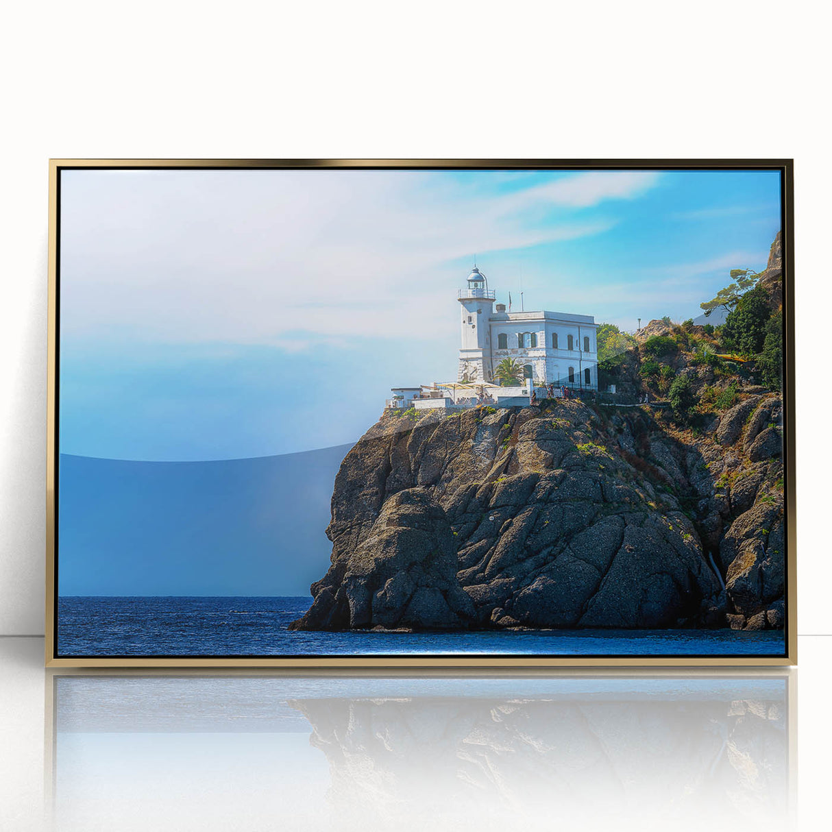 Acrylic print of Portofino, Italy with vivid blue and pastel hues in an art deco style, ideal for modern art wall decor.