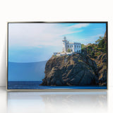 Mid-century modernist art of Portofino, Italy in vibrant colors on a silver-framed acrylic print.