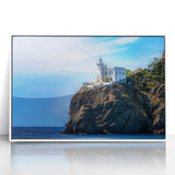 Mid-century modernist art of Portofino, Italy in pastel shades on acrylic framed in white, suitable for nursery wall art.