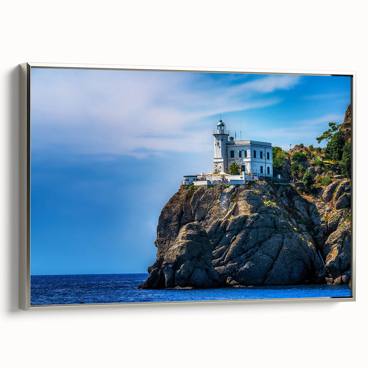 Landscape art painting of Portofino, Italy, featuring colorful buildings on a framed canvas, ideal for living room decor.