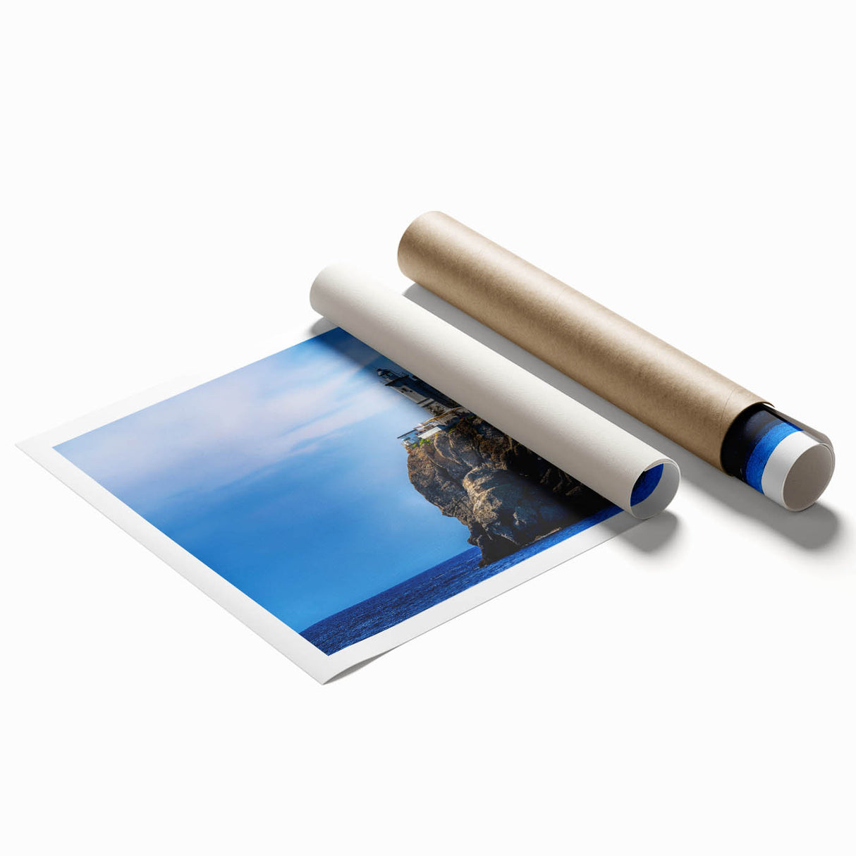 Extra large rolled print of Portofino scenery with floral elements in vibrant colors.