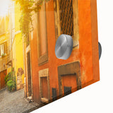 Large abstract depiction of Rome's landscape in muted earth tones on acrylic glass, ideal for dining room art.