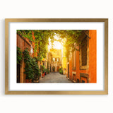 Abstract art print of Rome with muted gold and ivory tones, framed with a gold mat, suitable for dining room decor.