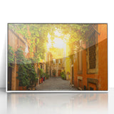 Framed acrylic print of Rome featuring mid-century modernist art in muted earth tones, ideal for modern art wall decor.