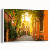 Vintage poster art of Rome with colorful details on a large framed canvas, suitable for living room decor.