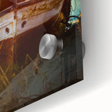 Large abstract wall art depicting a Sicilian landscape in mid-century modernist style, rendered in vivid blues and greens.