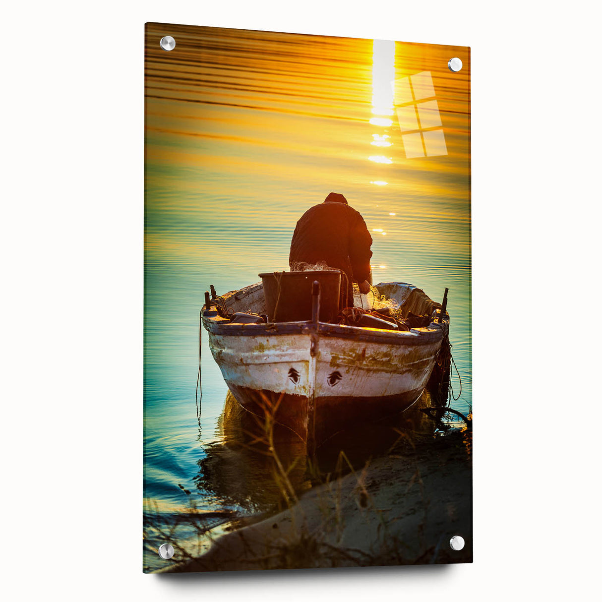 Acrylic print of a Sicilian landscape with vibrant green and blue tones, ideal for dining room decor.