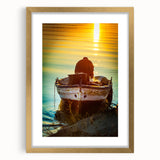 Abstract art print of a Sicilian landscape in muted earth tones on a gold-framed canvas, ideal for dining room decor.