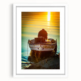 Textured abstract art print of Sicilian landscape in muted earth tones, framed with a white mat, ideal for bedroom art.