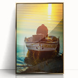 Art Deco poster of Sicilian landscape in muted gold tones, framed acrylic, ideal for modern art wall decor.