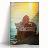 Mid-century modernist art depicting a Sicilian landscape in muted earth tones on a framed acrylic.